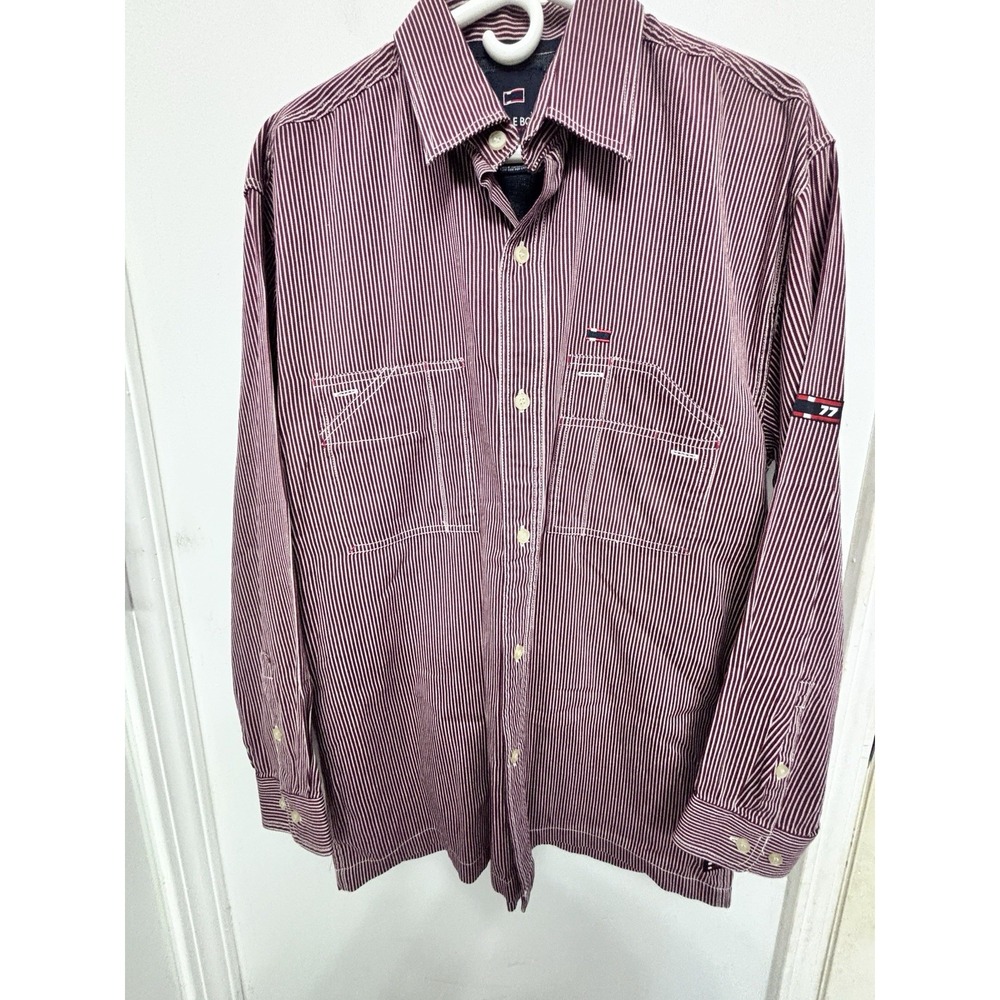 VTG Bugle Boy Men's M Burgundy White Stripe Long Sleeve Button Down 90's 44x31